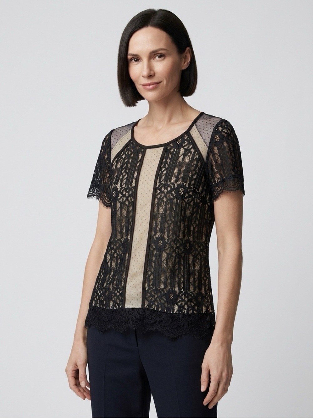 Black Tape Petite Lace Illusion Mesh Top Black & Nude Floral Size SP